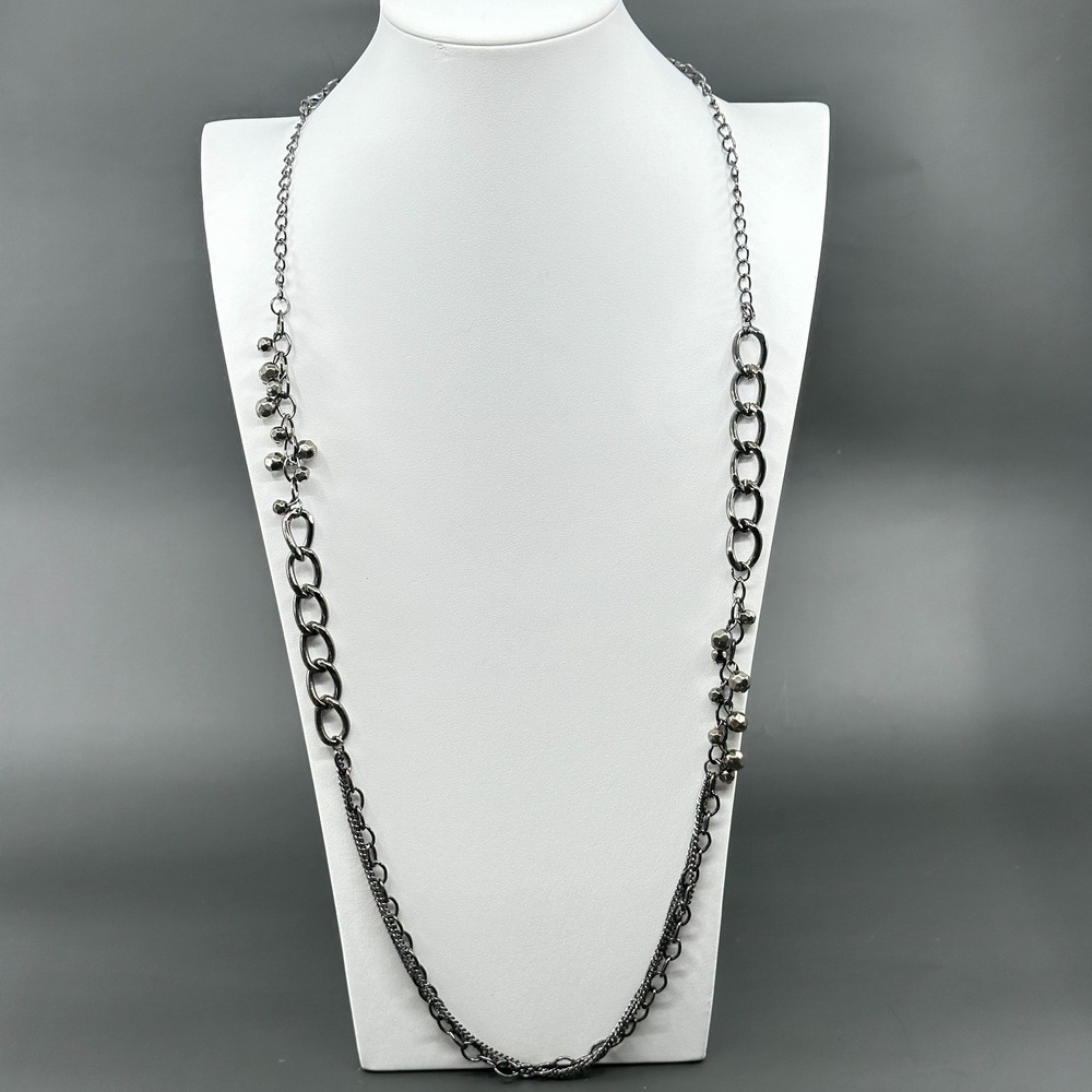 Silver Tone Multi Chain Beaded Long Statement Necklace Mixed Links Modernist